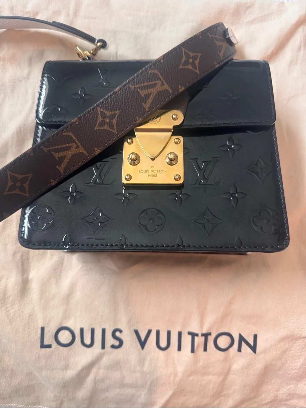 Louis Vuitton Black Vernis Crossbody with Monogram Strap and Gold Hardware
